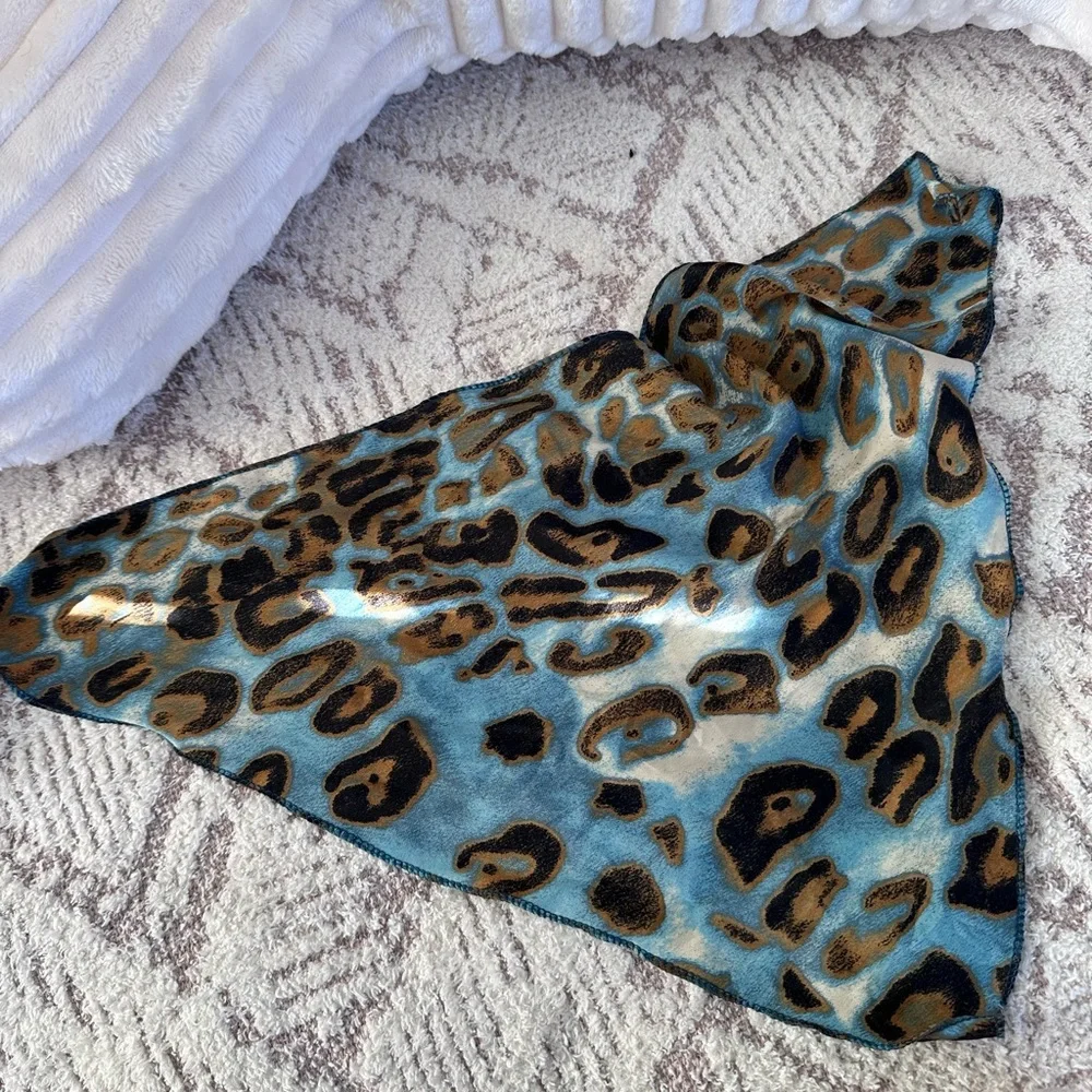 Silk Leopard Print Scarf Blue & Tan | Chic Purse Twilly Hair Neck Scarf